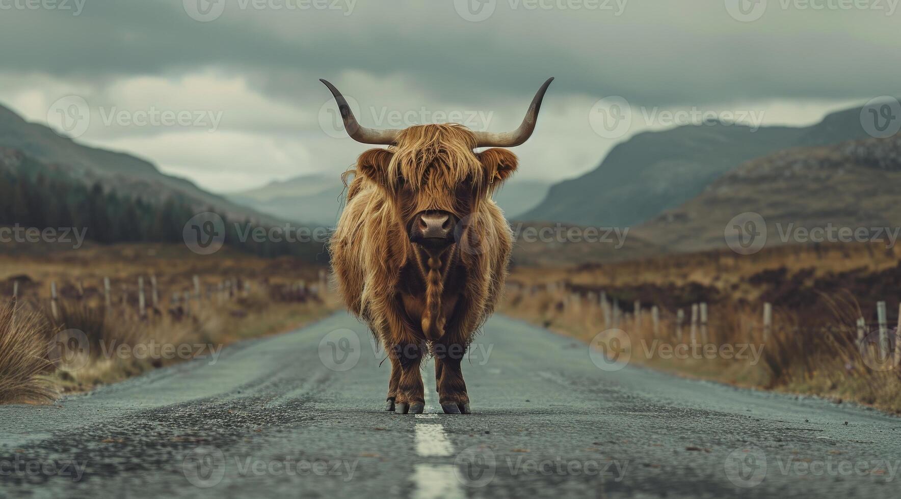 Highland Cow Standing on a Remote Road with Scenic Mountain Background photo