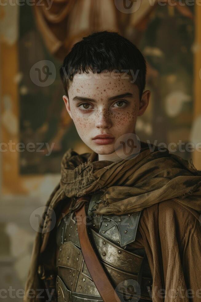 Young medieval warrior in armor posing with a determined expression photo