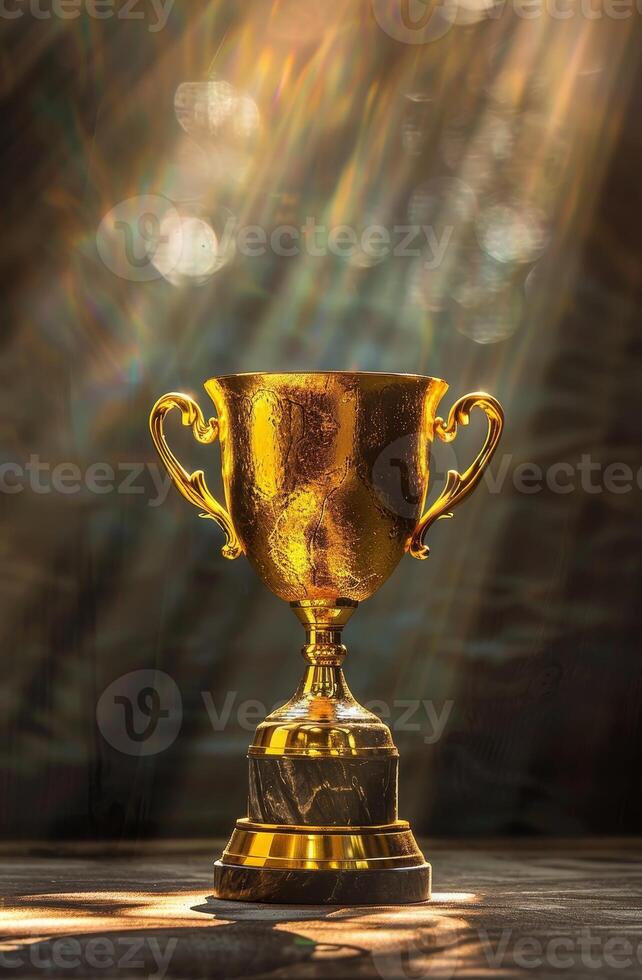 Golden trophy cup illuminated by dramatic sunlight photo