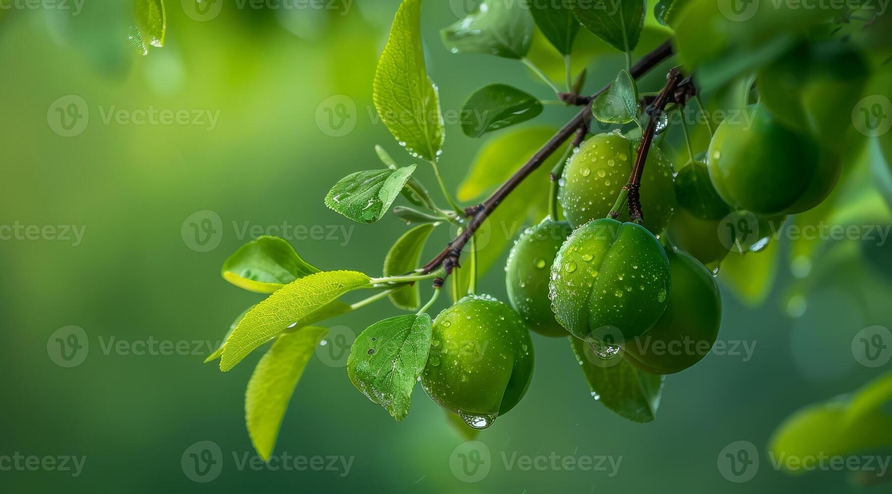 Fresh green plums on a branch with raindrops photo