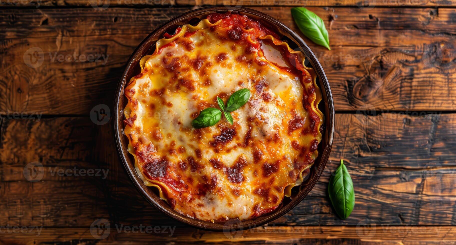 Delicious homemade lasagna served in a rustic clay dish photo