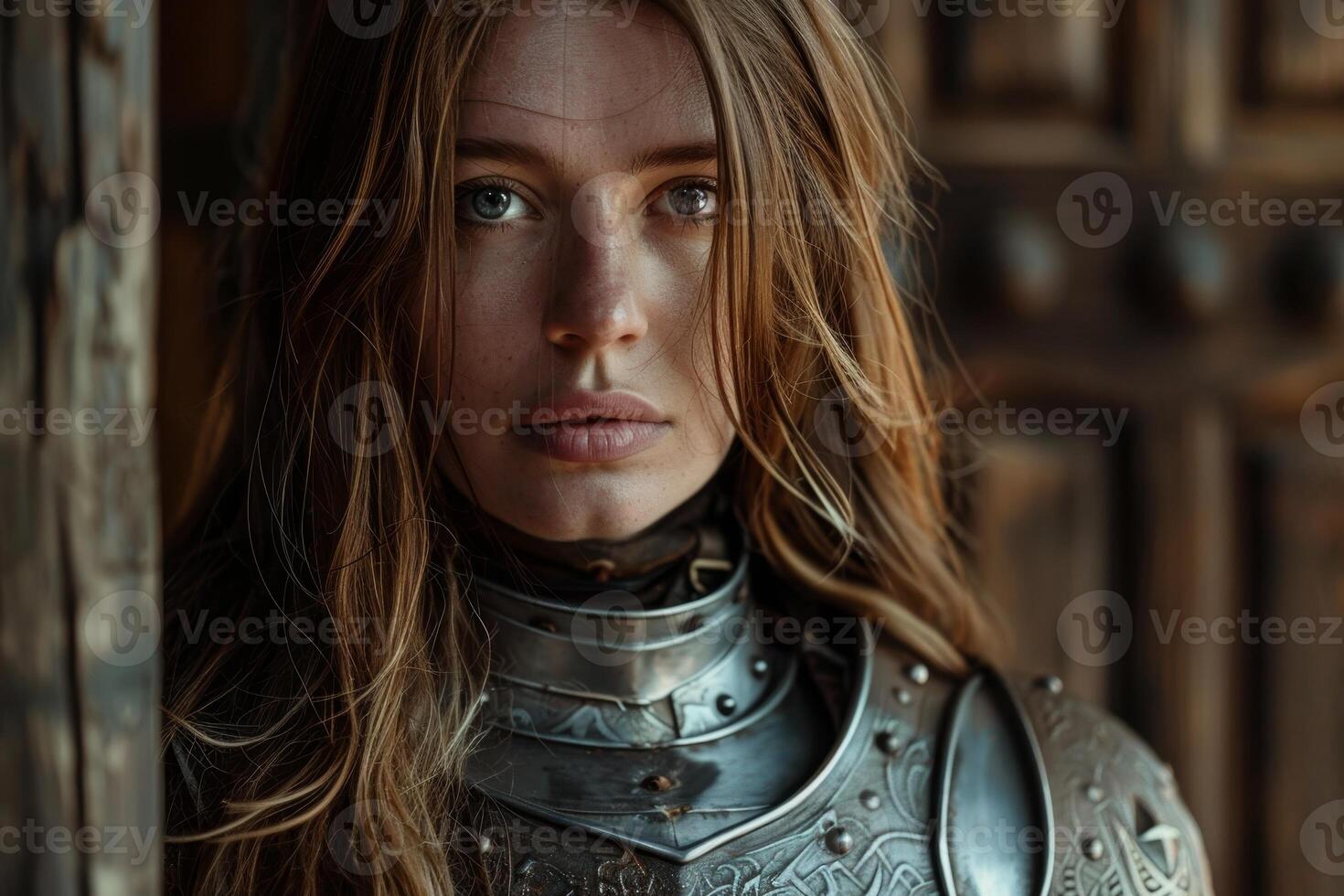 Medieval warrior woman in armor looking contemplative photo