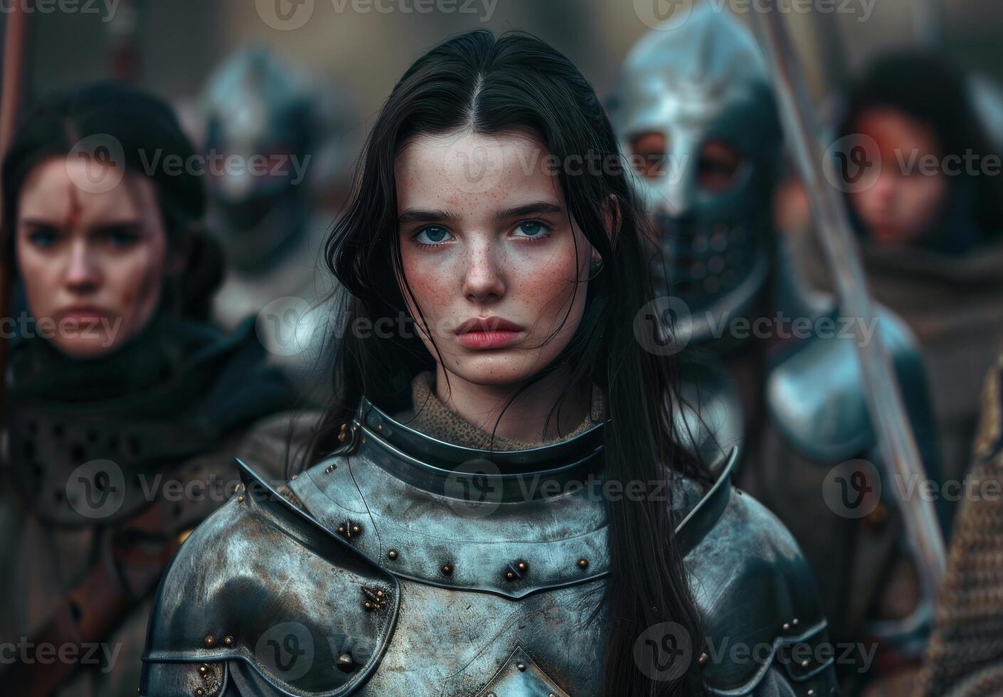 Determined Female Warrior in Medieval Armor with Troops in Background photo
