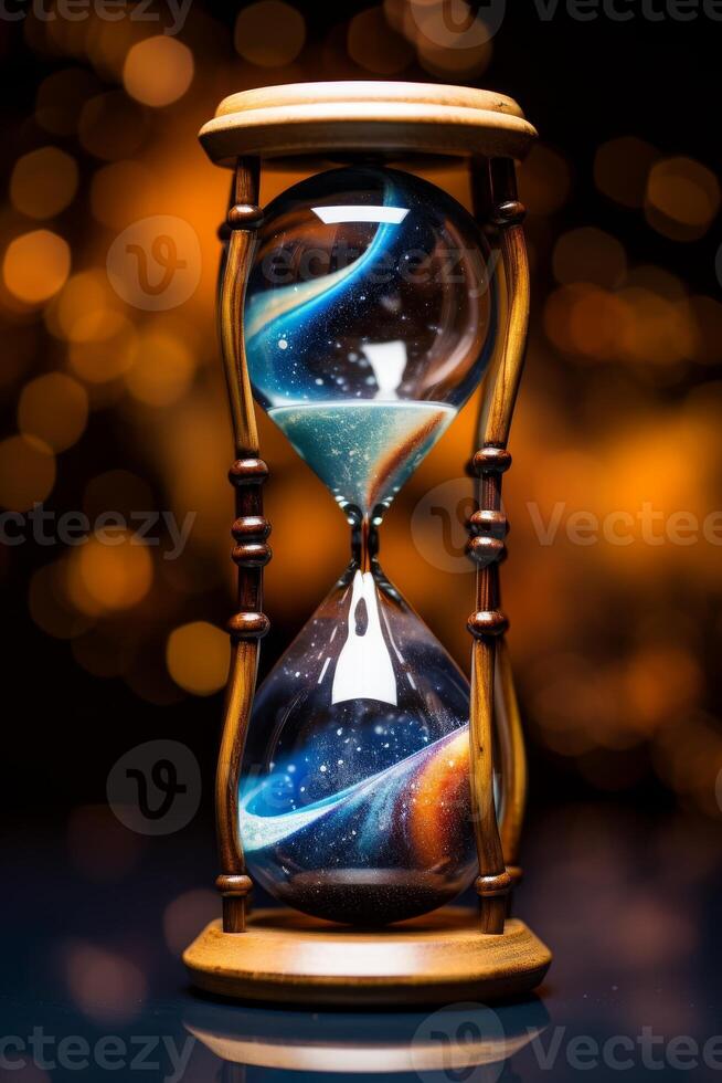 Hourglass with Cosmic Sand on a Sparkling Background photo