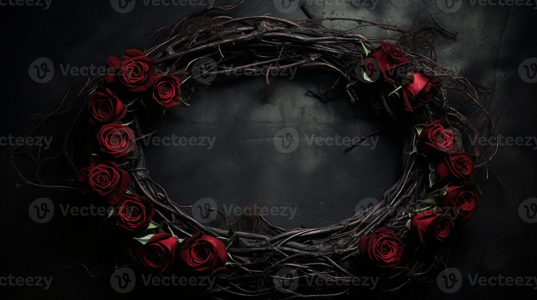 Elegant floral wreath with red roses on a dark background photo