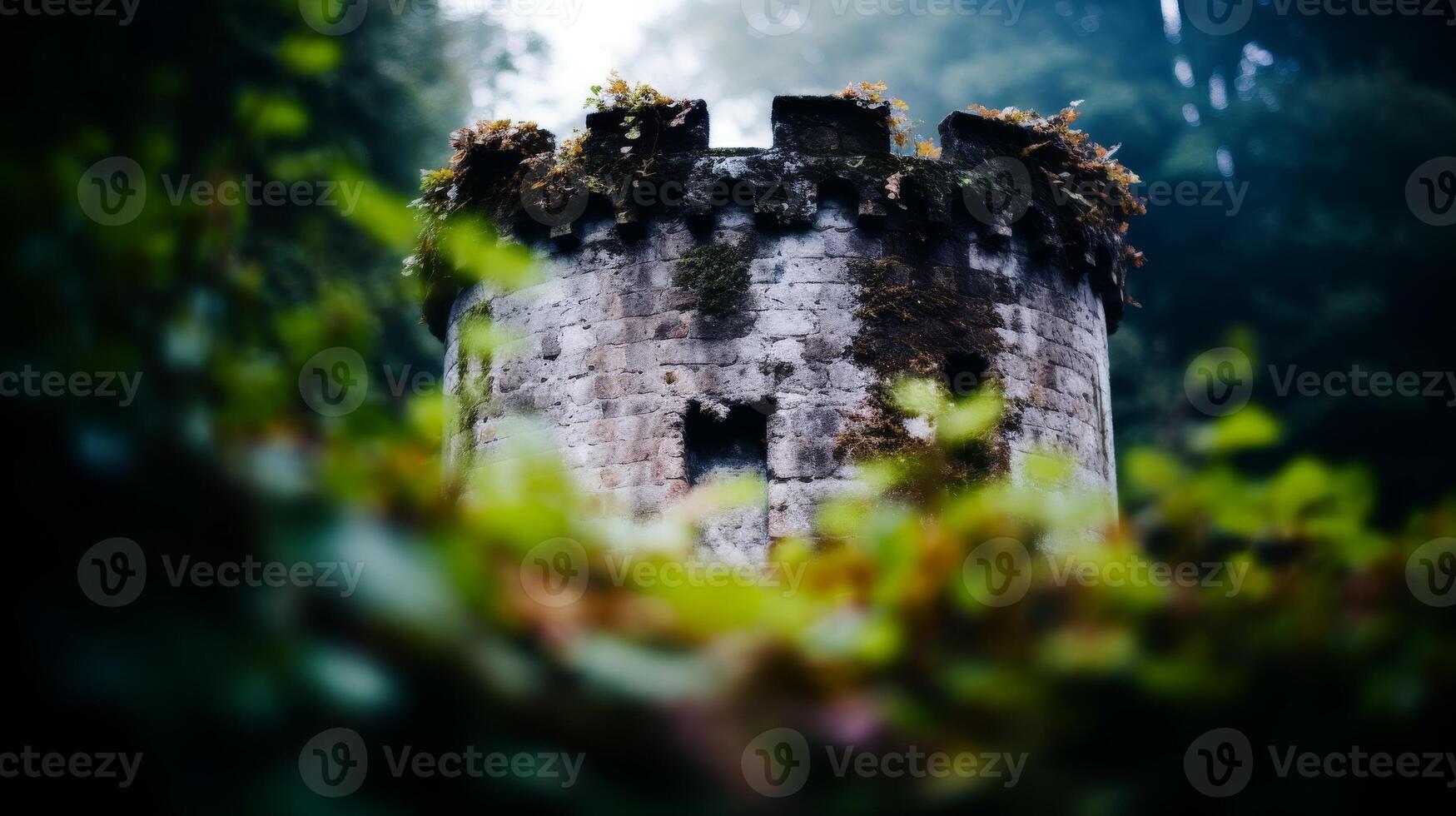 Mystical ancient tower hidden in a foggy forest photo