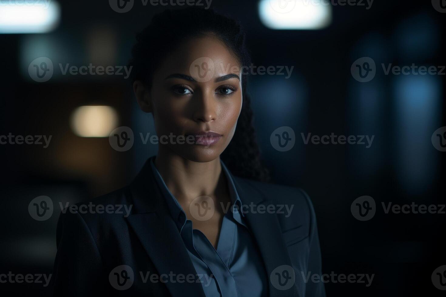 Professional woman in a business suit standing confidently in an office setting photo