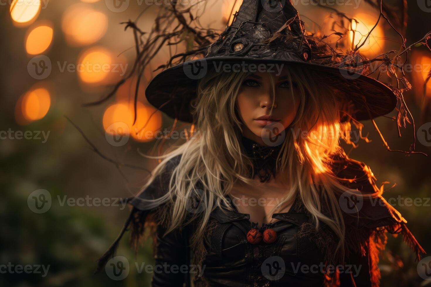 Mysterious witch in enchanted forest at twilight photo