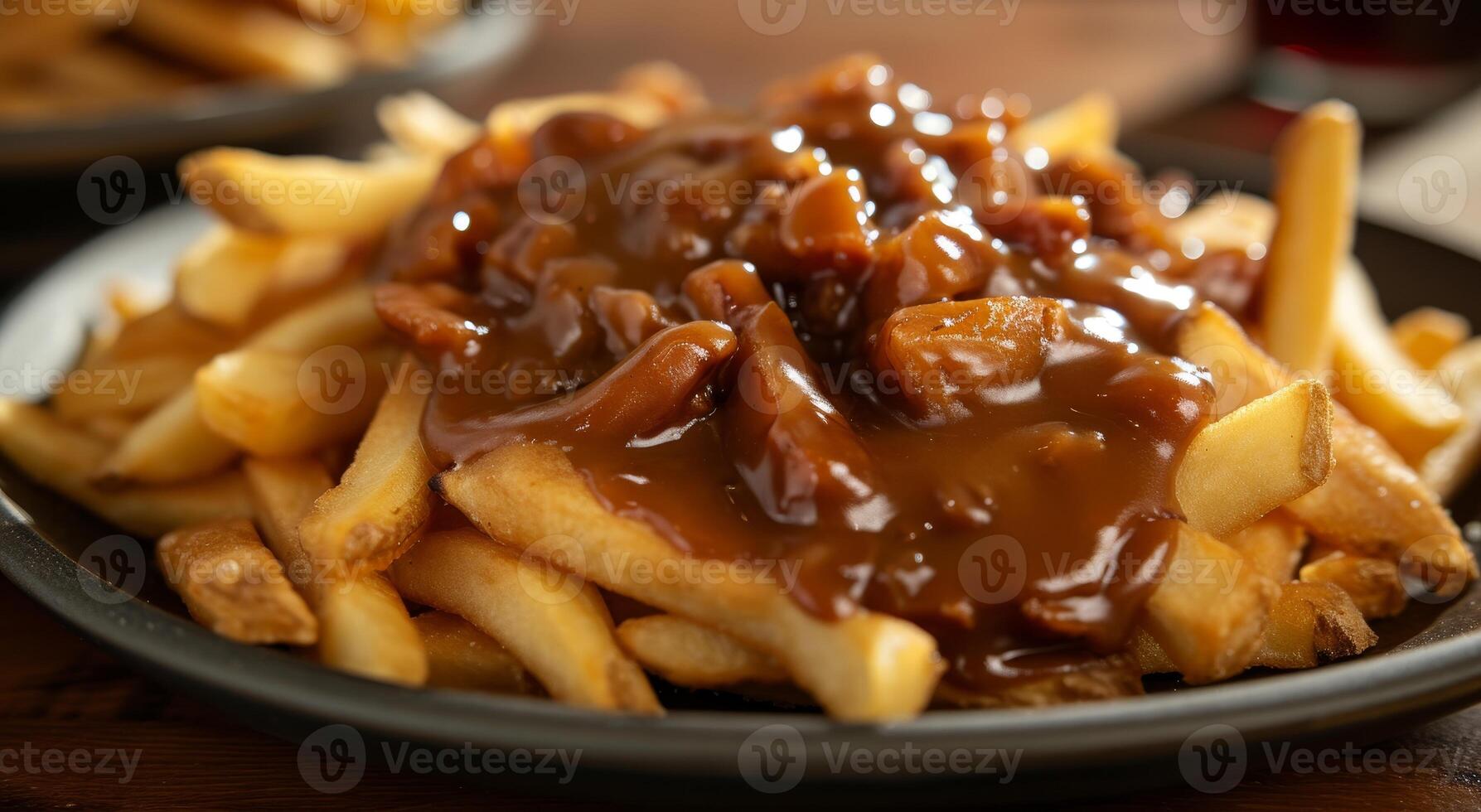 Delicious poutine with gravy and cheese curds on a plate photo