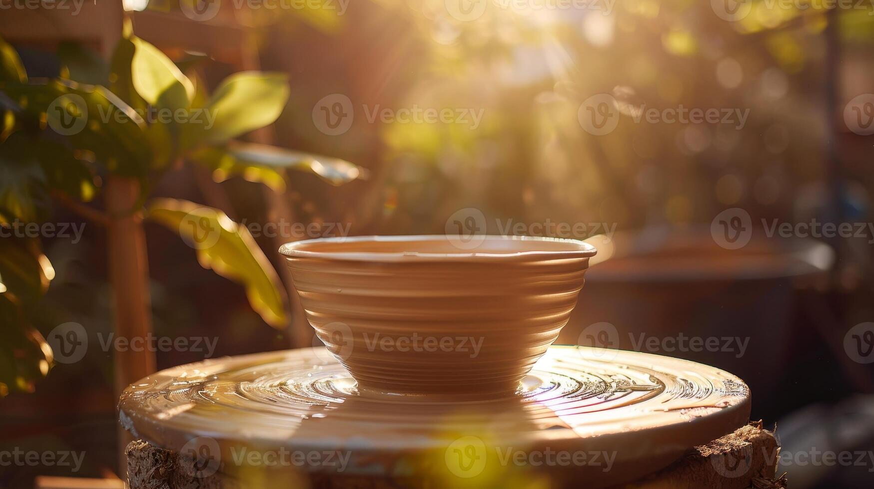 Sunlit pottery wheel ready for crafting photo