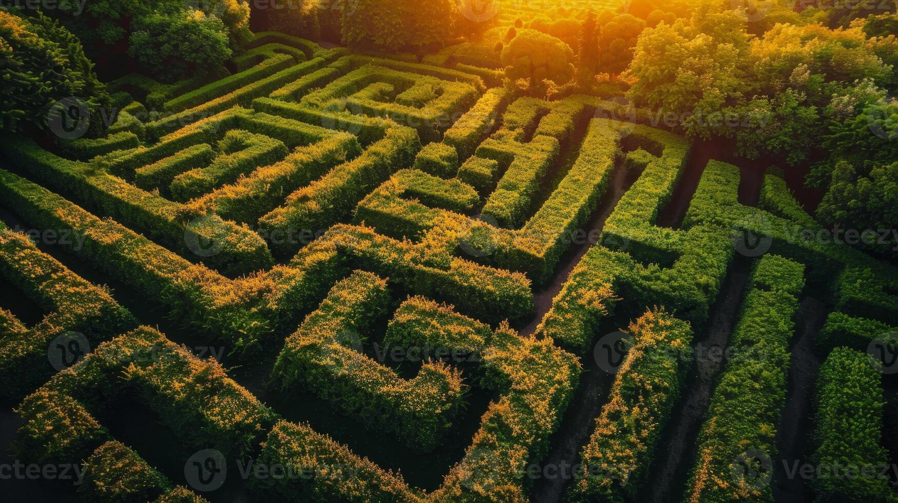 Aerial View of a Lush Green Hedge Maze at Sunset photo