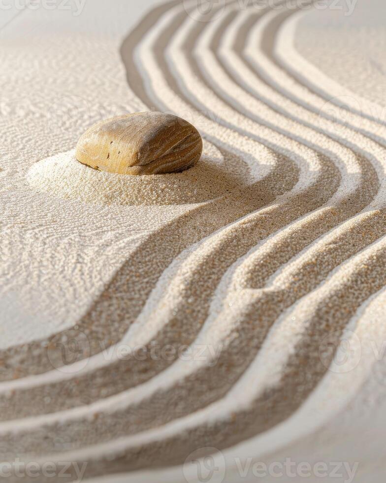 Zen garden with sand patterns and a single stone photo