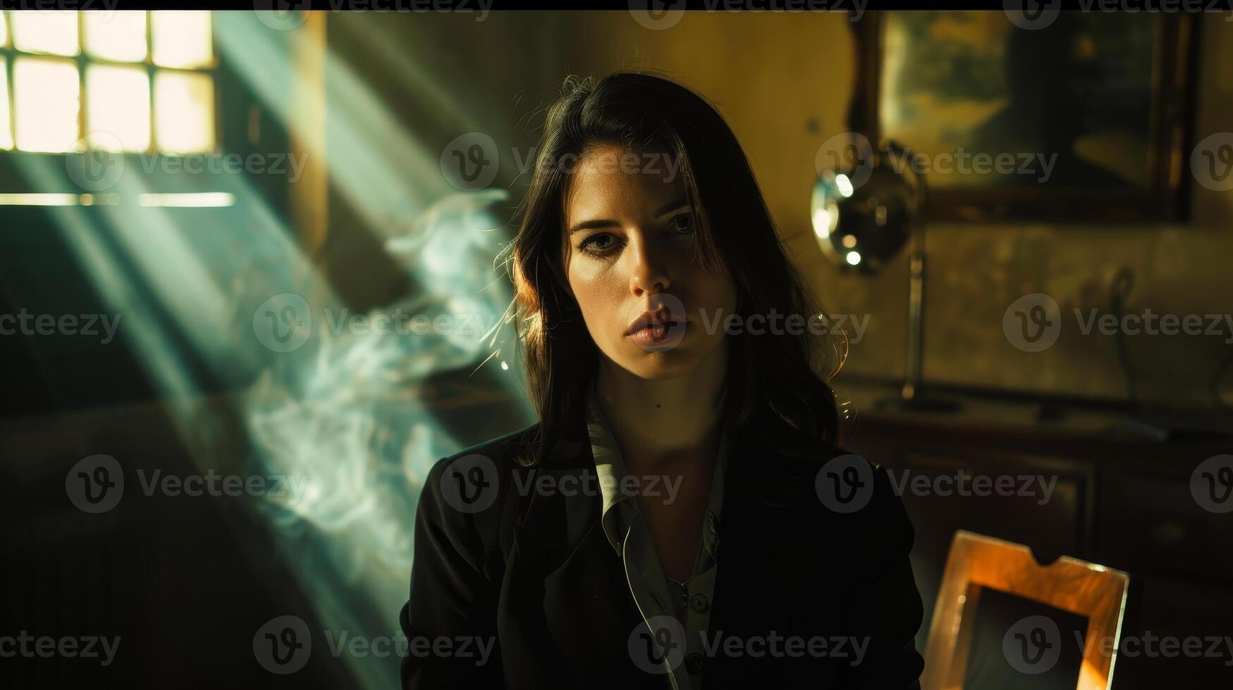 Mysterious woman in a dimly lit room with sunlight streaming through a window photo