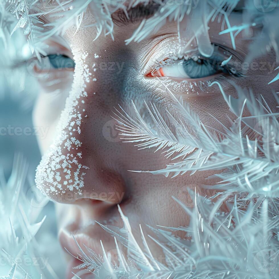 Close up of a Womans Face with Frost and Ice Crystals photo