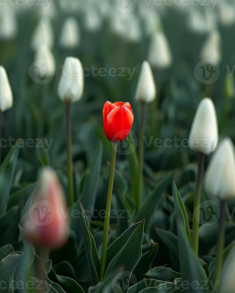 Vibrant Red Tulip Standing Out in a Field of White Tulips photo