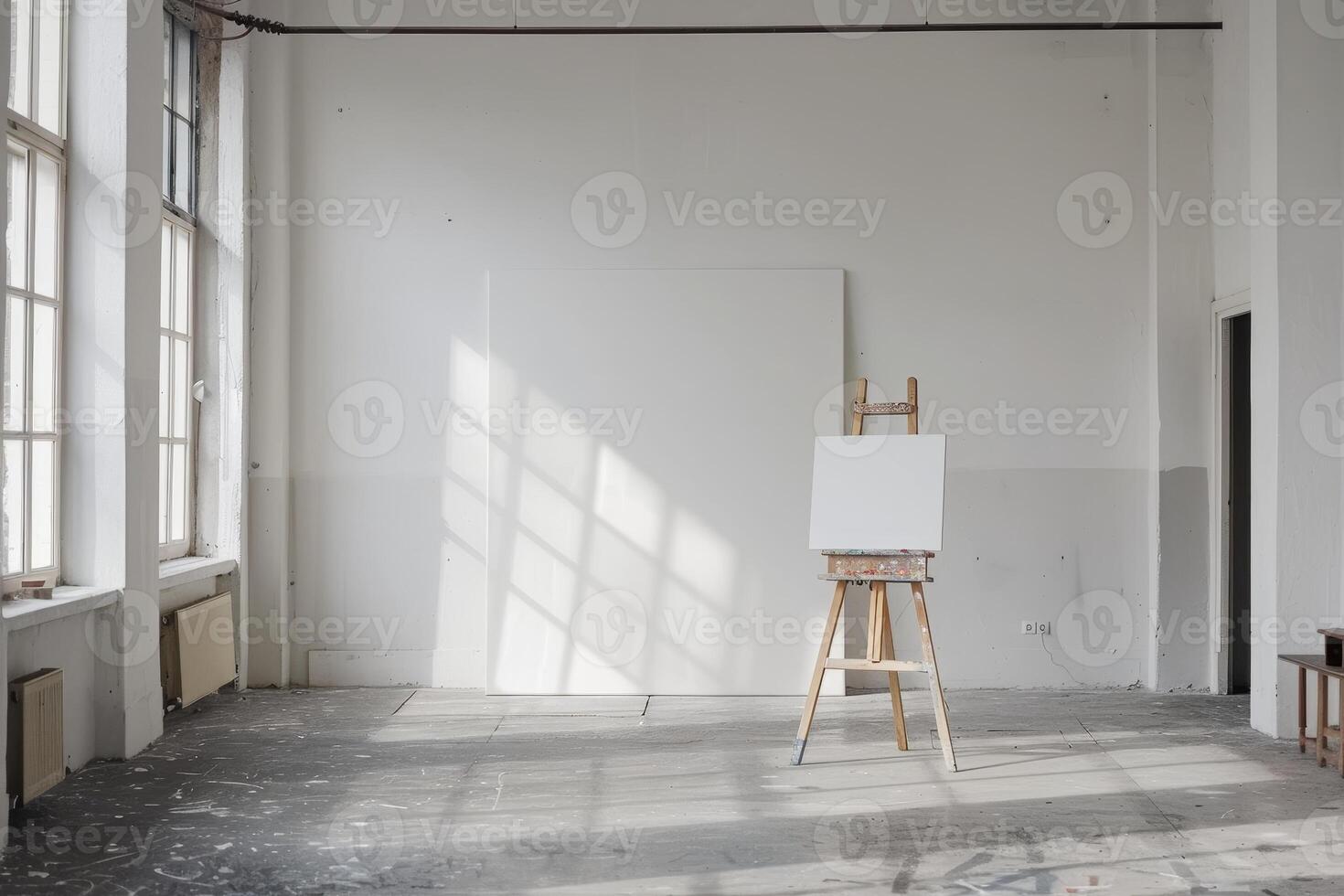 Bright Art Studio with Blank Canvas on Easel photo