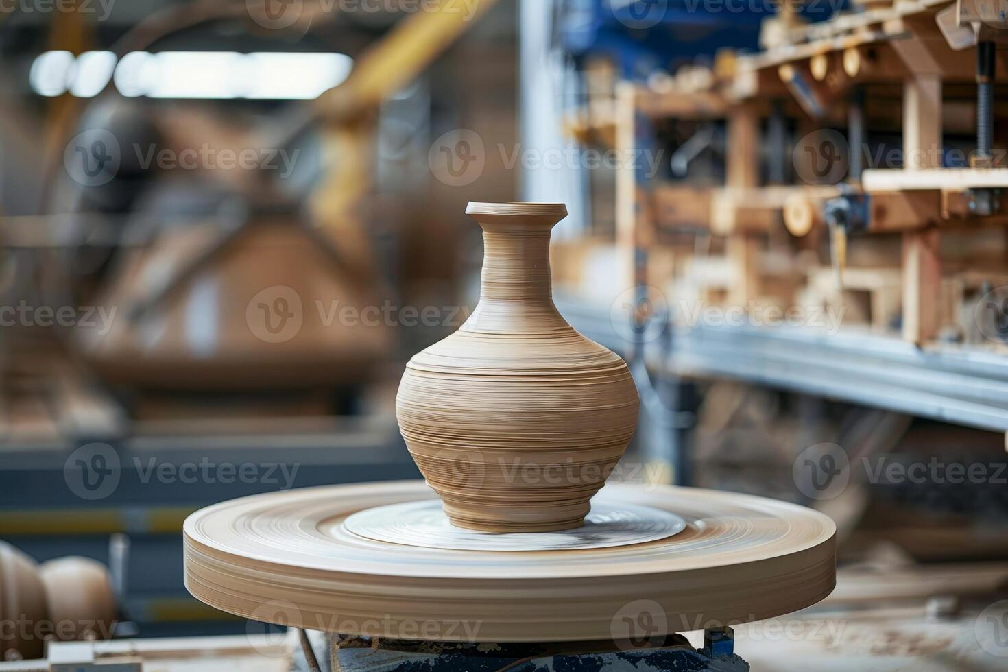 Freshly crafted pottery vase on spinning wheel in workshop photo