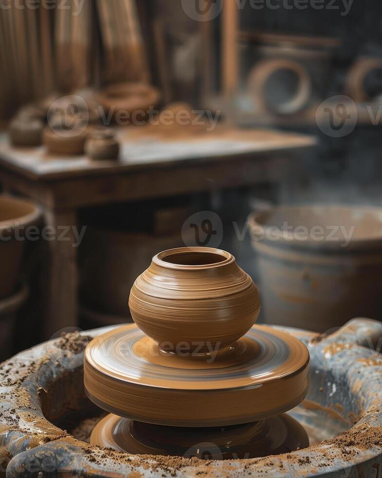 Pottery Wheel in Action Creating a Clay Pot photo
