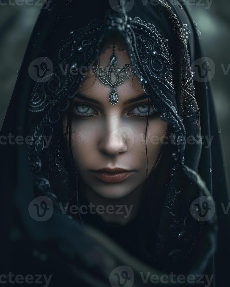 Mysterious woman in a dark, embellished hood photo