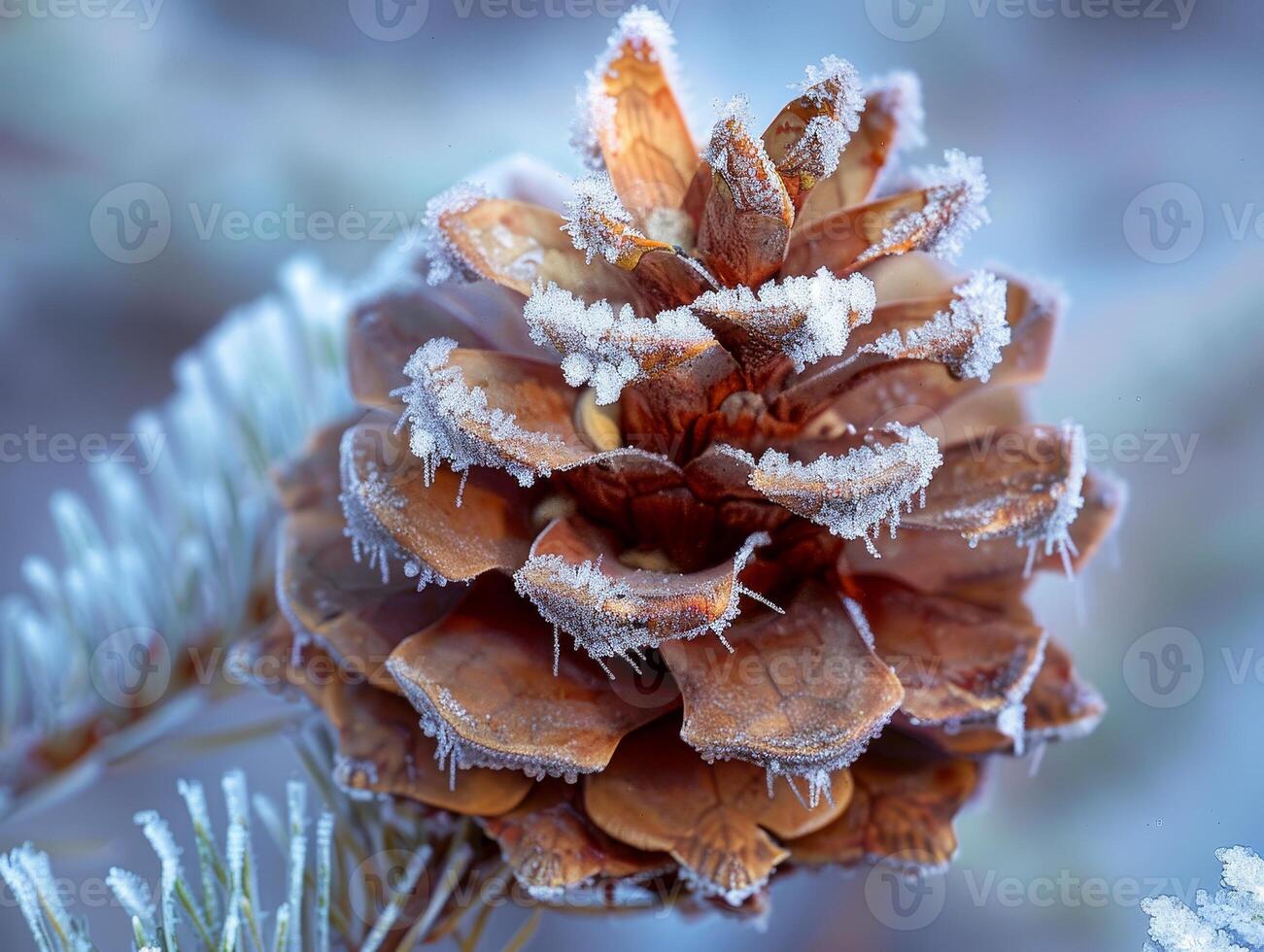Frost covered pine cone on a winter morning photo
