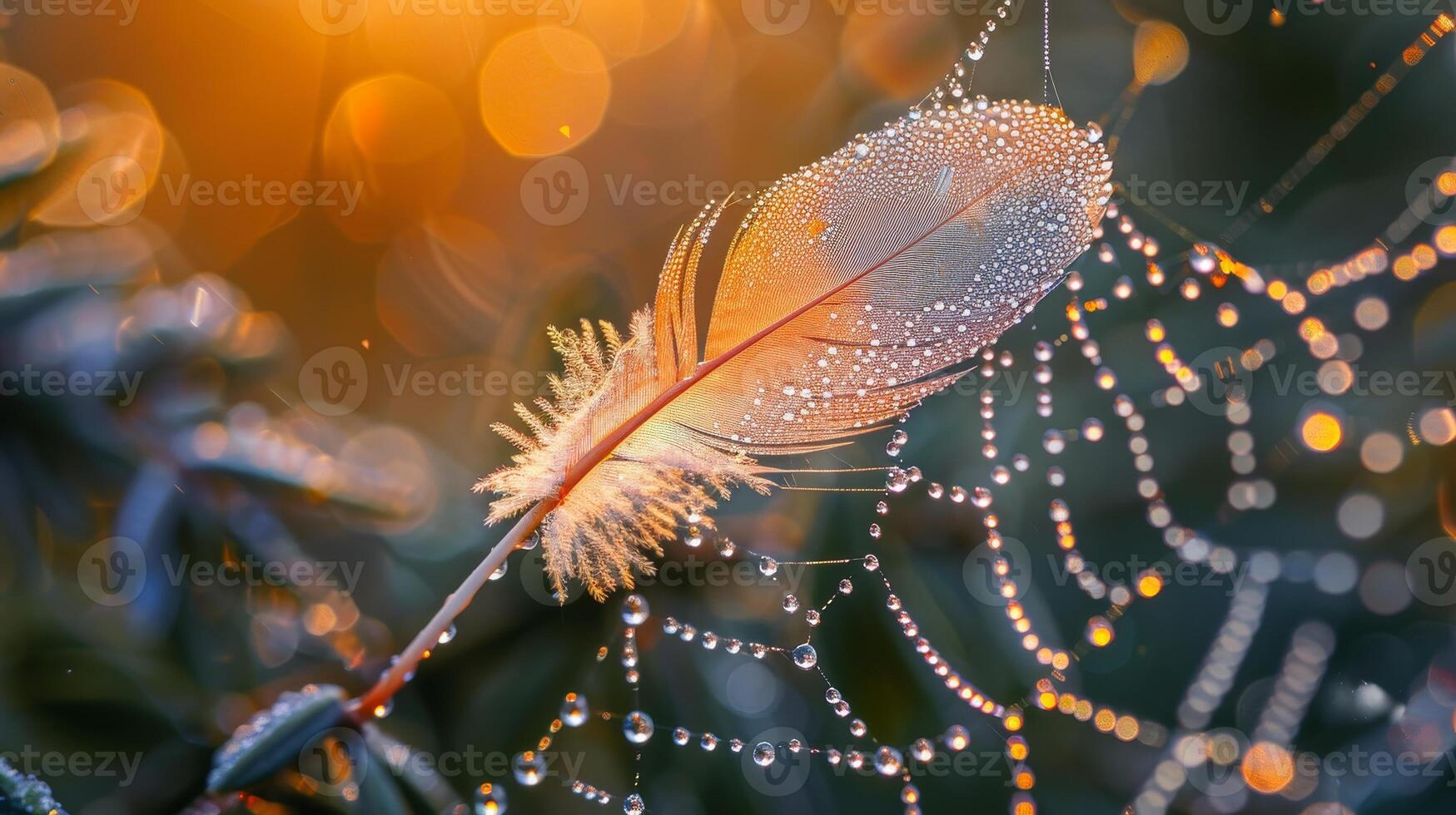 Dew Drops on Feather Caught in a Spider Web at Sunrise photo