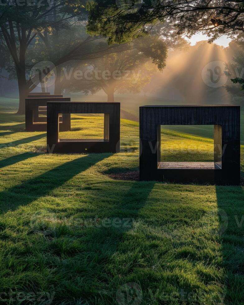 Sunlight streaming through abstract sculptures in a serene park at dawn photo