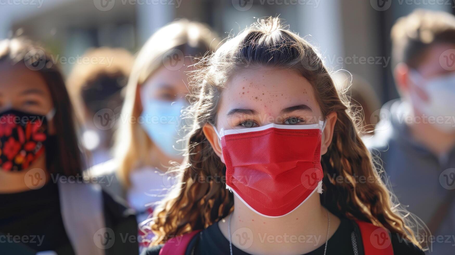 Young woman wearing a red mask in a crowd photo
