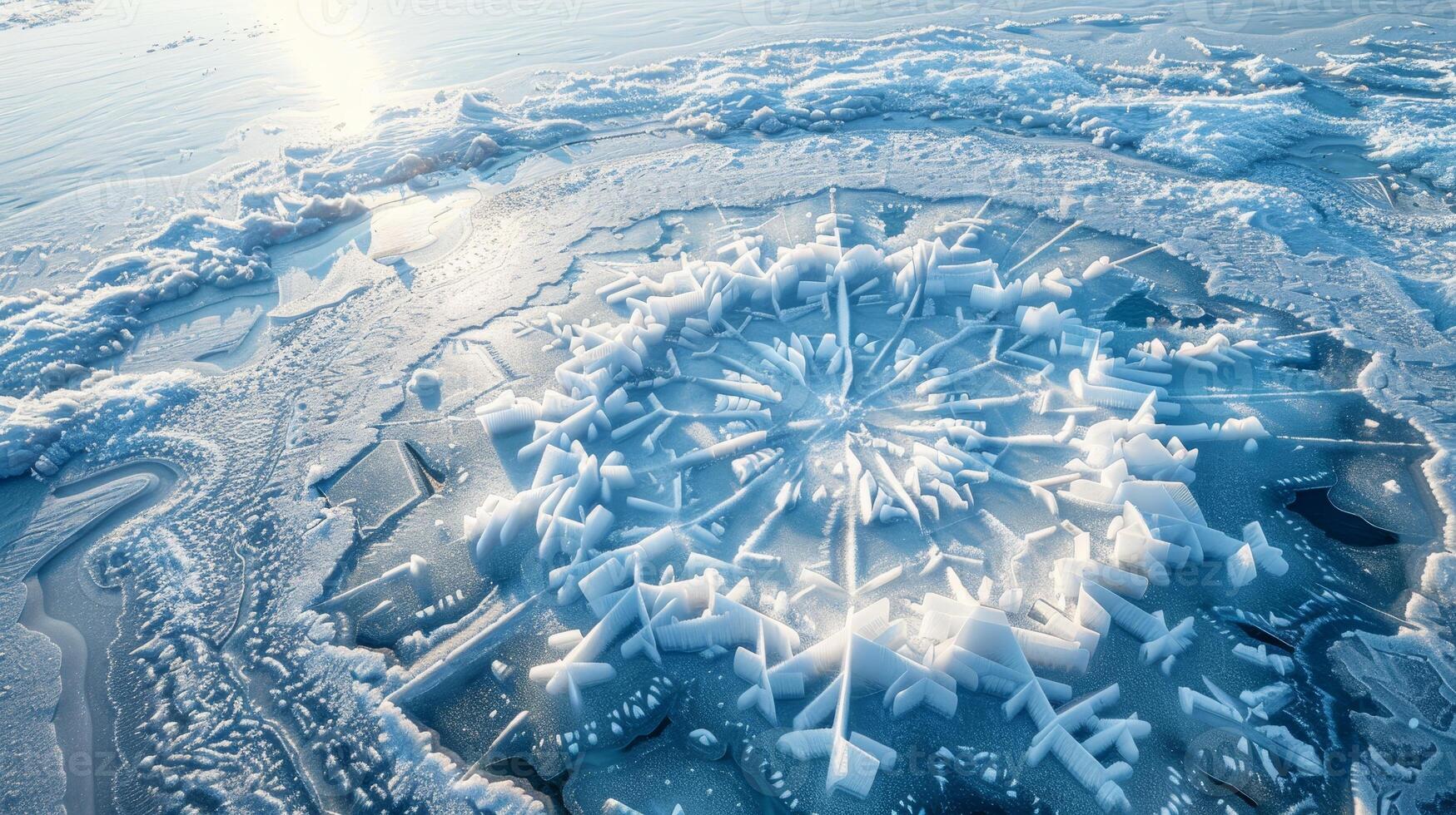 Intricate ice pattern on a frozen surface under sunlight photo