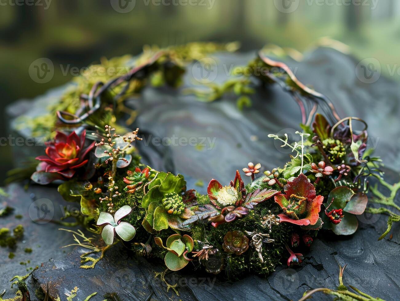 Artistic floral wreath arrangement on a rustic wooden surface photo