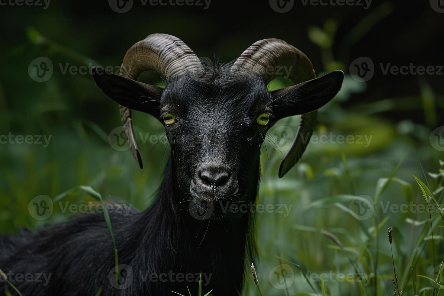 Portrait of a Black Goat in a Lush Green Field photo