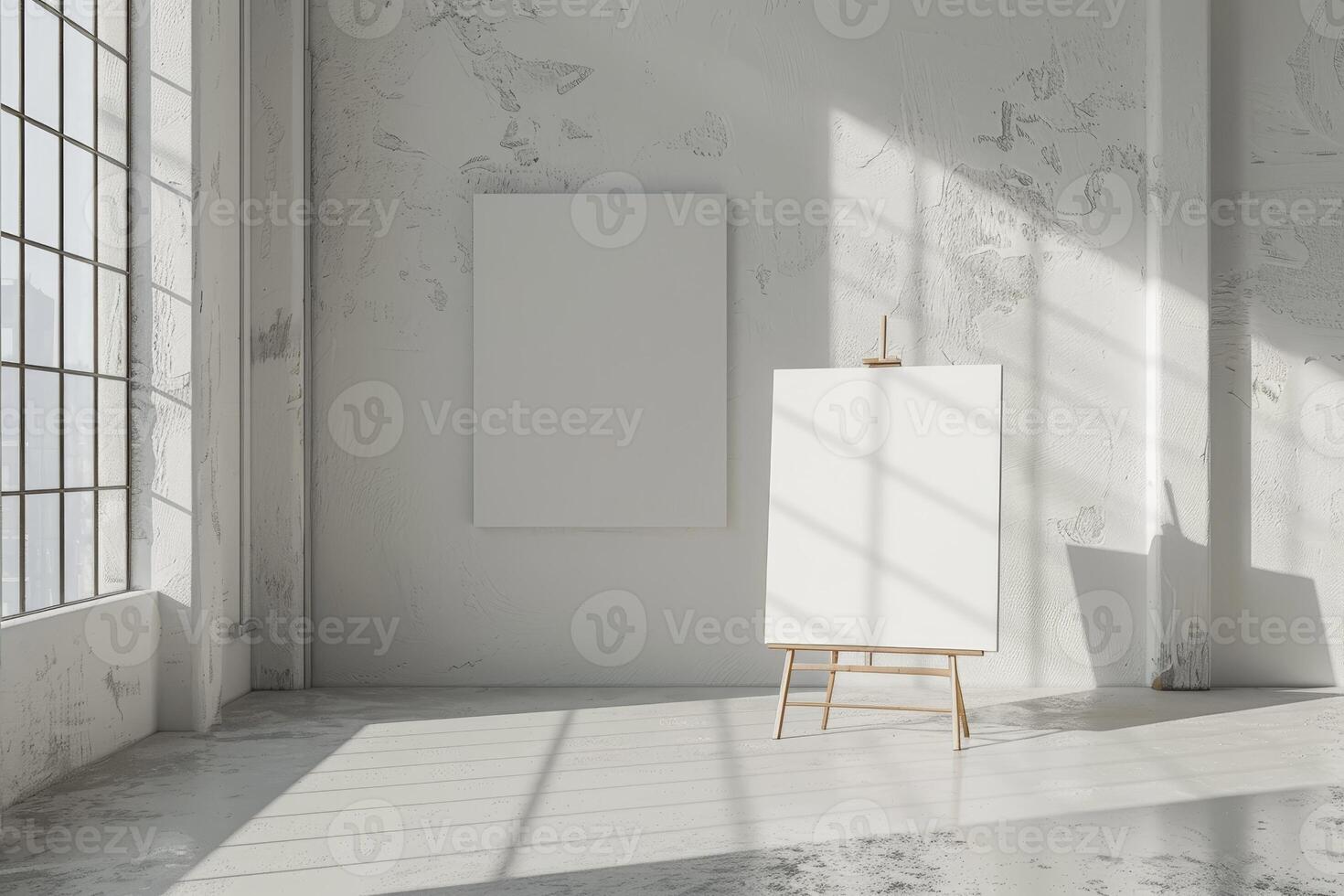 Bright art studio with blank canvas on easel photo