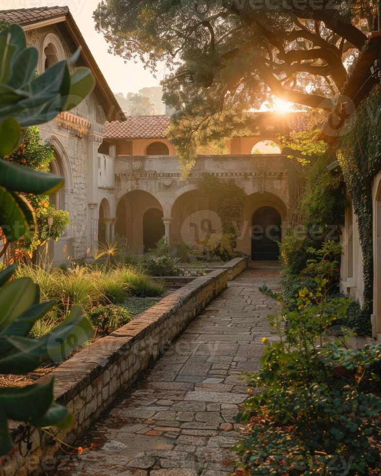 Sunset over a serene garden pathway leading to a classic villa photo