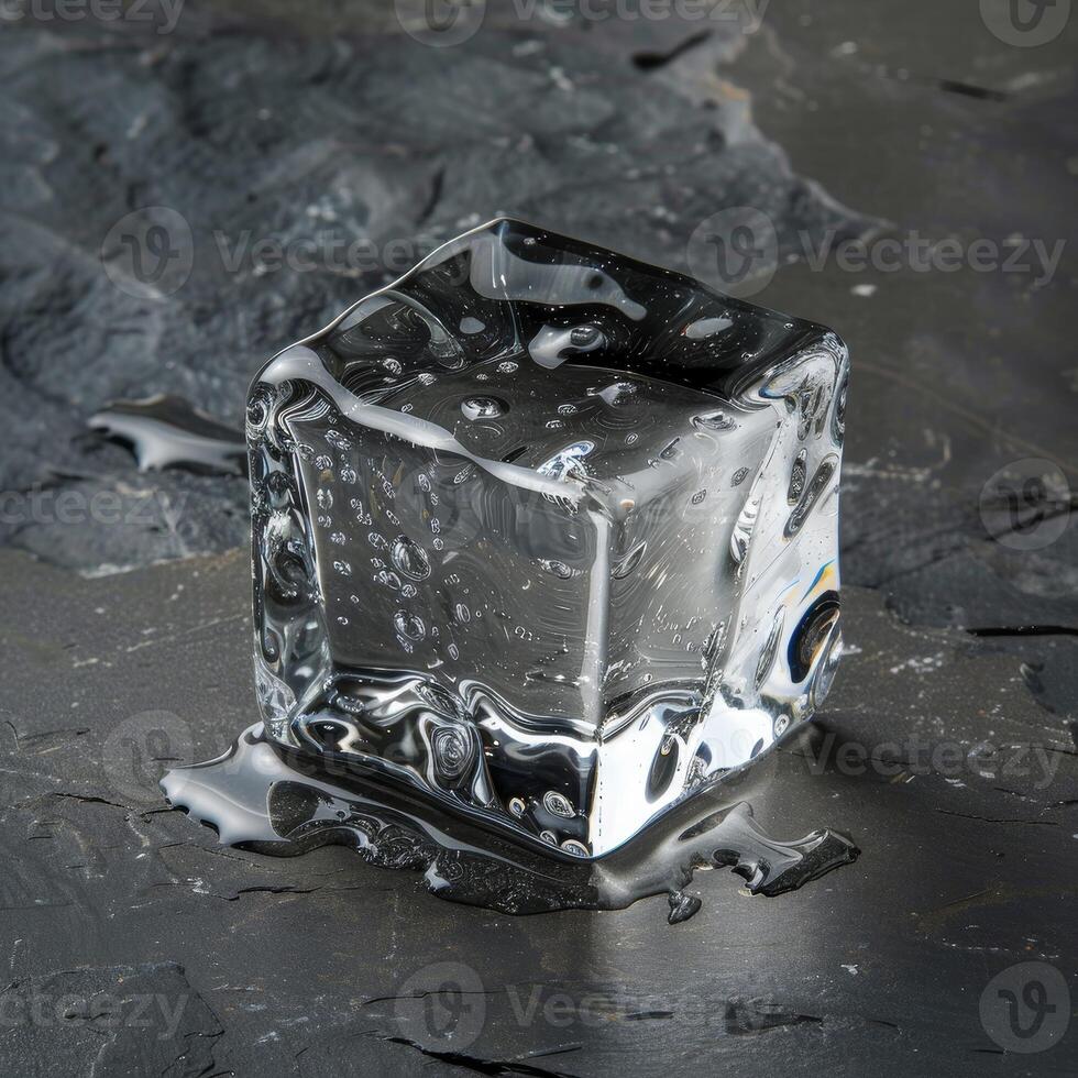 Crystal Clear Ice Cube on a Dark Textured Surface photo