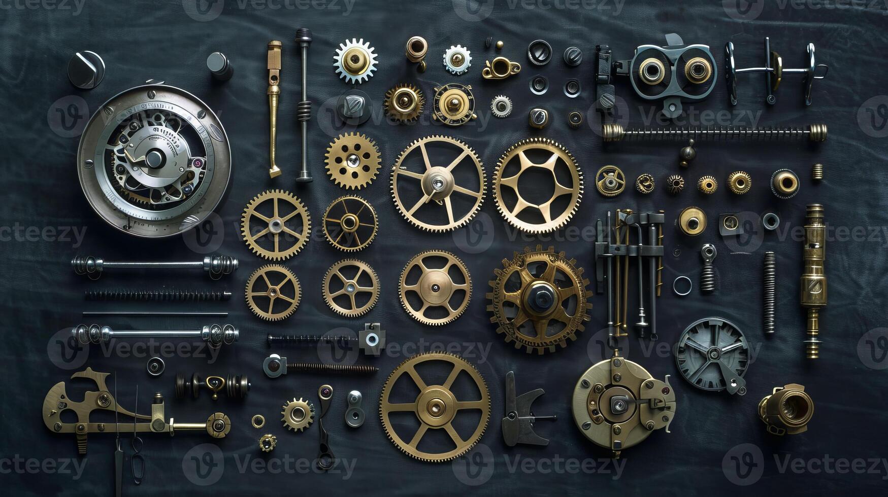 Assorted mechanical parts and gears neatly arranged on a dark background photo