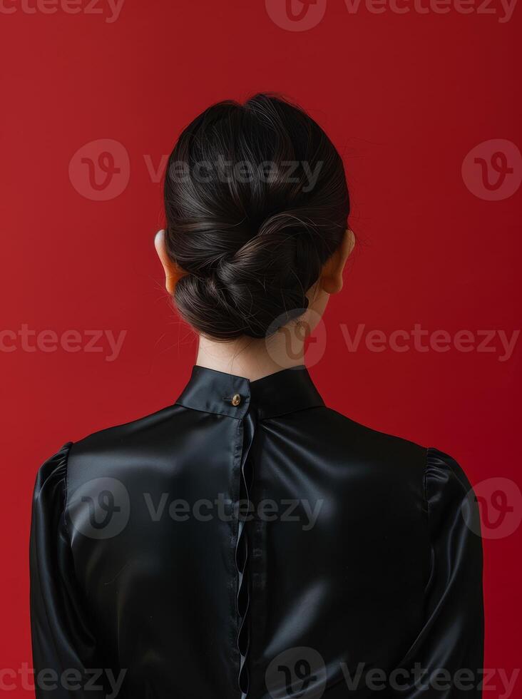 Elegant woman with a stylish updo hairstyle against a red background photo