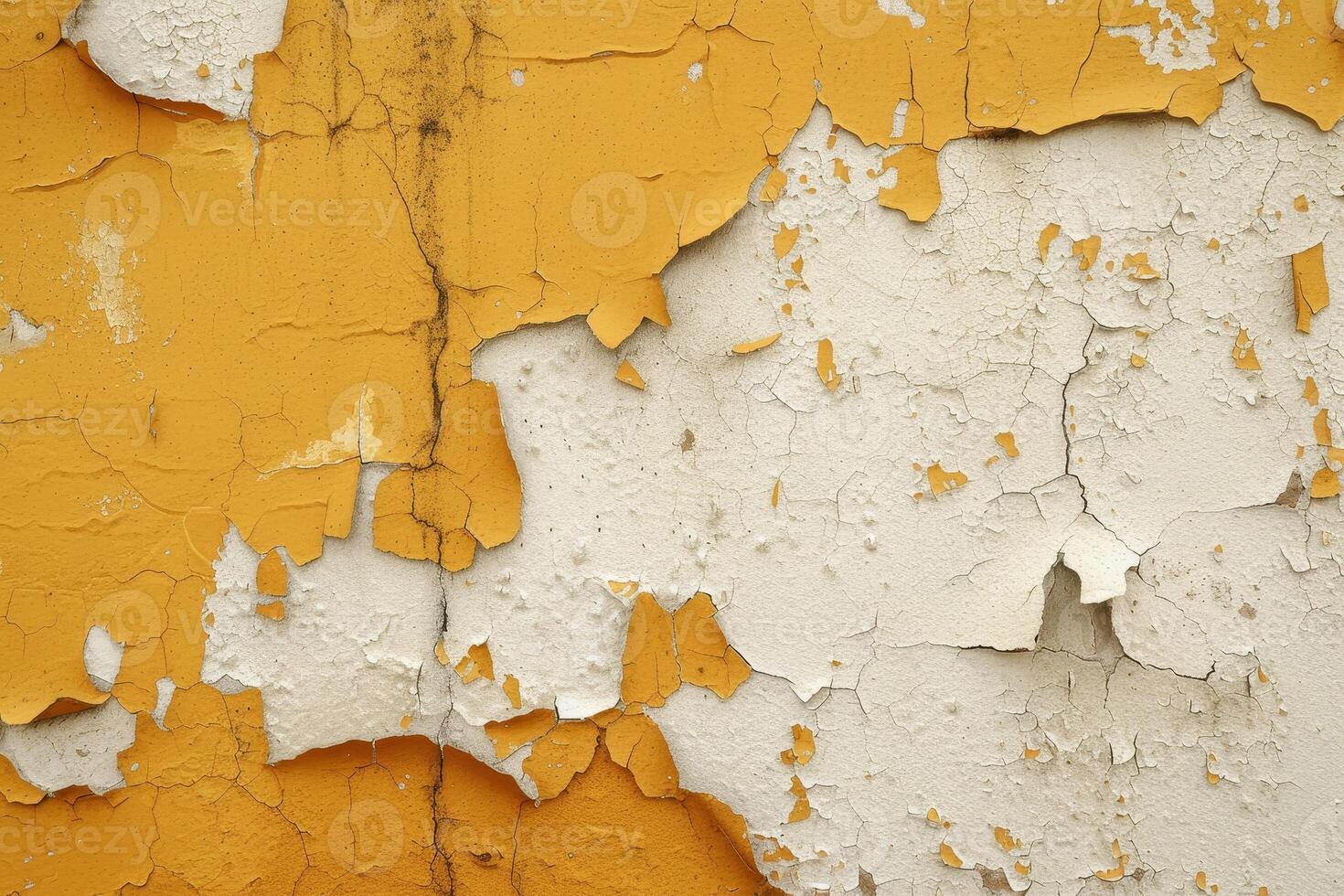 Peeling yellow paint on a textured wall photo
