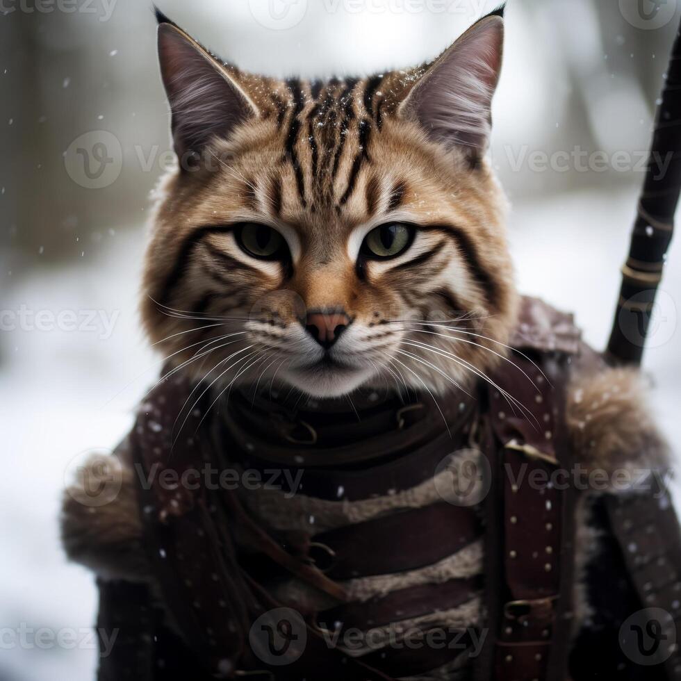 Majestic cat dressed as a warrior in a snowy setting photo
