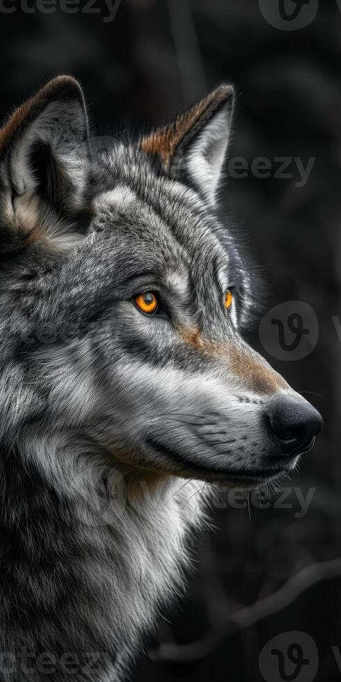 Intense gaze of a majestic grey wolf in natural setting photo