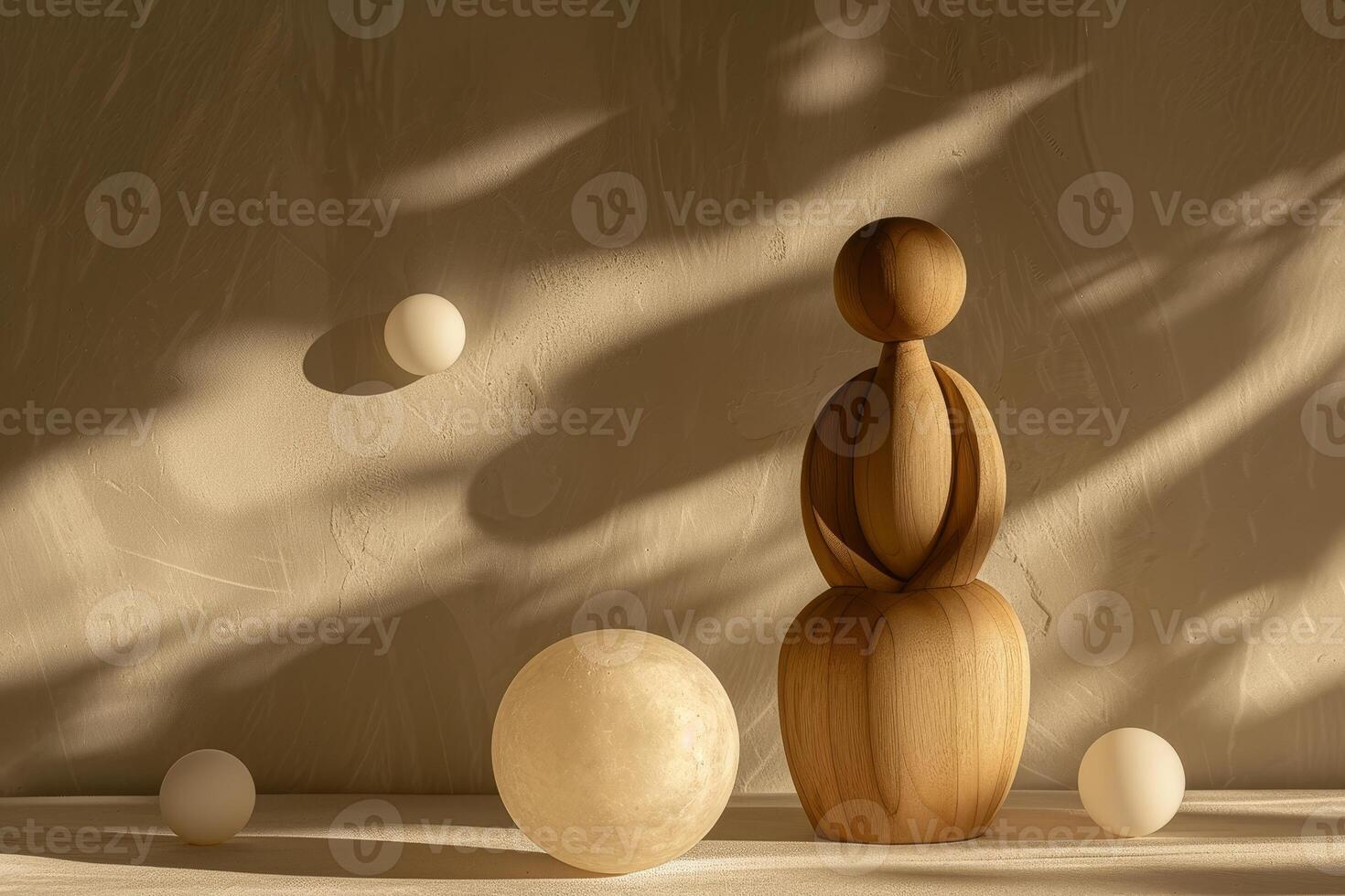 Abstract wooden figures and spheres with dramatic shadows on a textured background photo