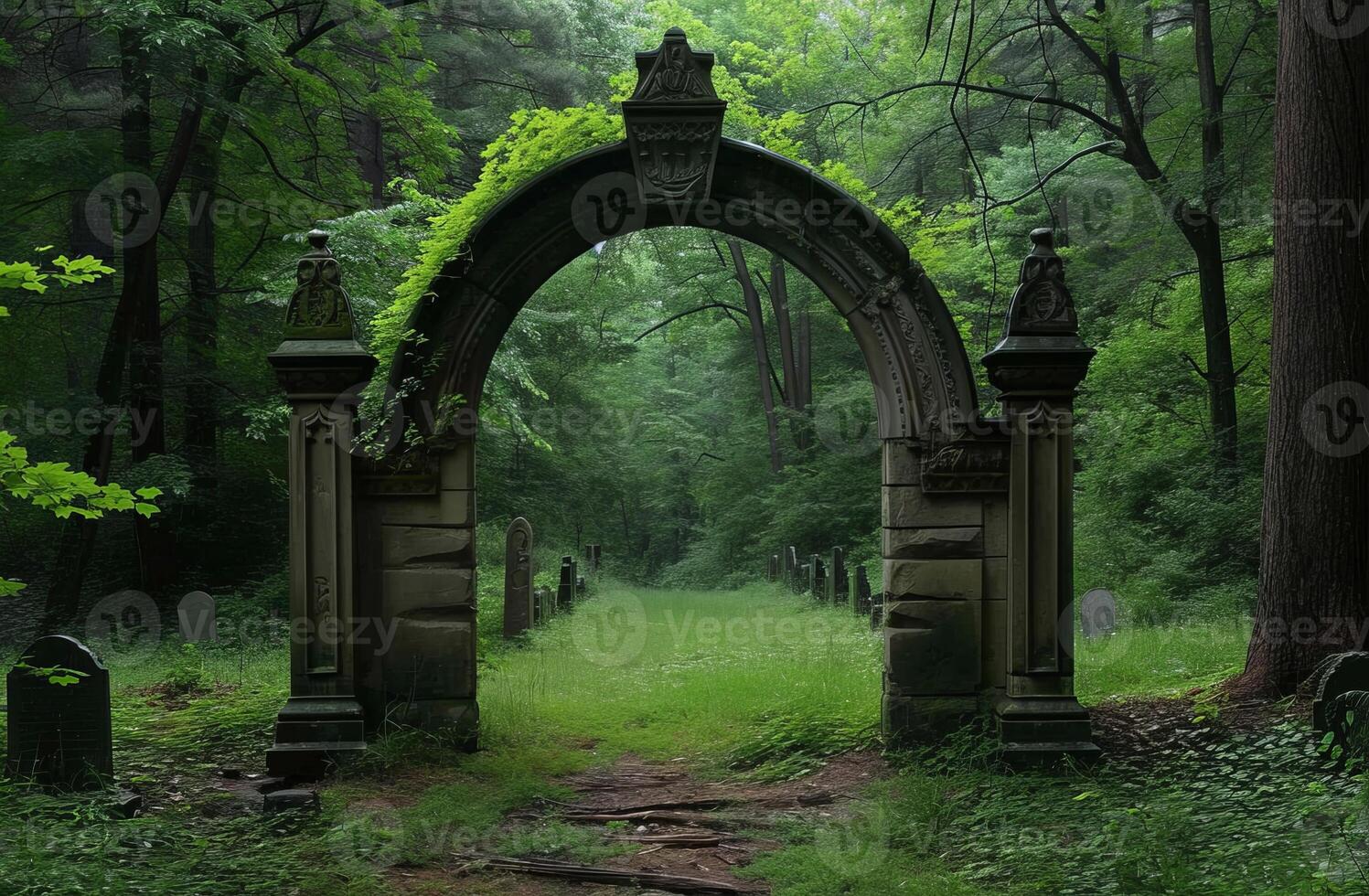 Mystical Forest Archway Leading to an Old Cemetery photo
