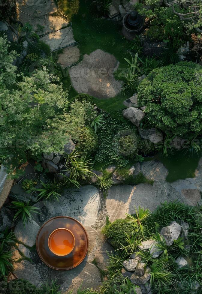 Tranquil garden pond surrounded by lush greenery photo