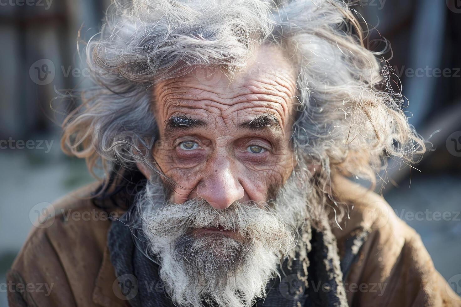 Portrait of an Elderly Man with Expressive Eyes and Unkempt Hair photo