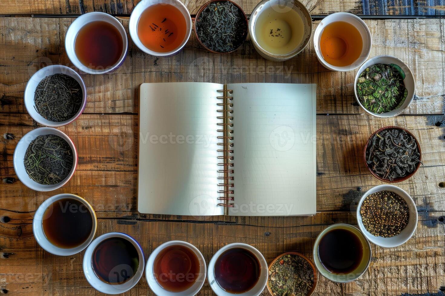 Variety of Teas with Open Notebook on a Wooden Table photo