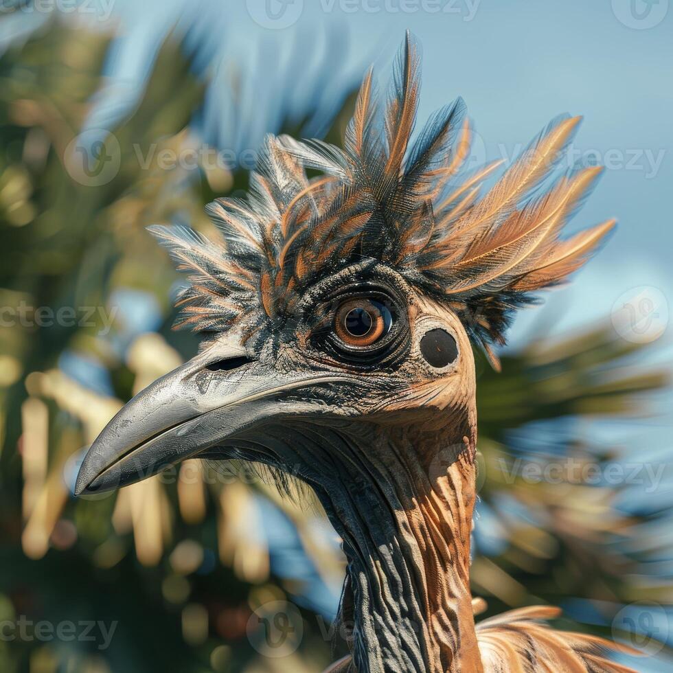 Close up of a colorful bird with striking feathers and intense eyes photo