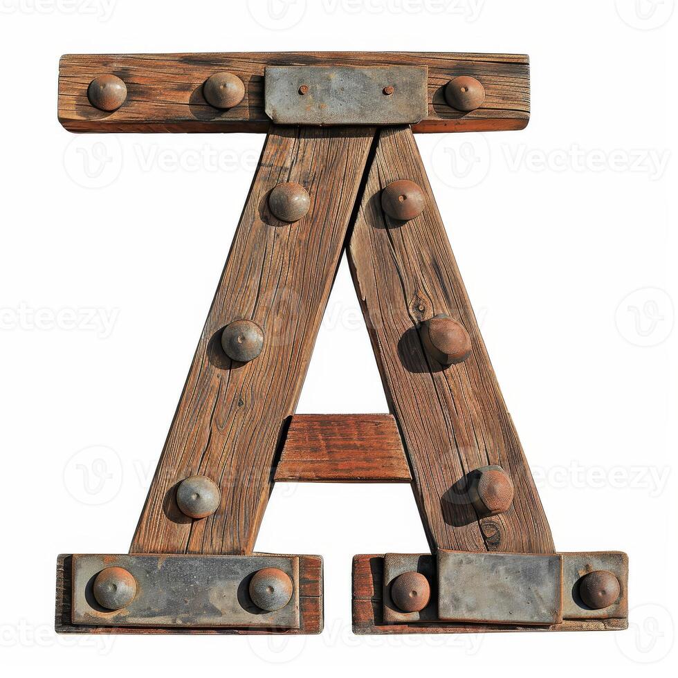 Vintage Wooden Letter A with Metal Accents Isolated on White photo