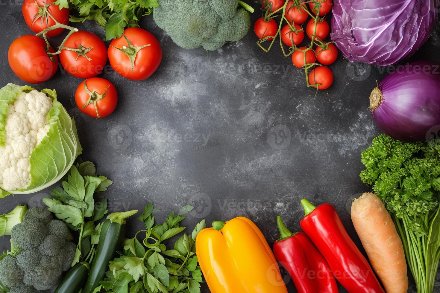 Assortment of Fresh Vegetables on a Dark Slate Background photo
