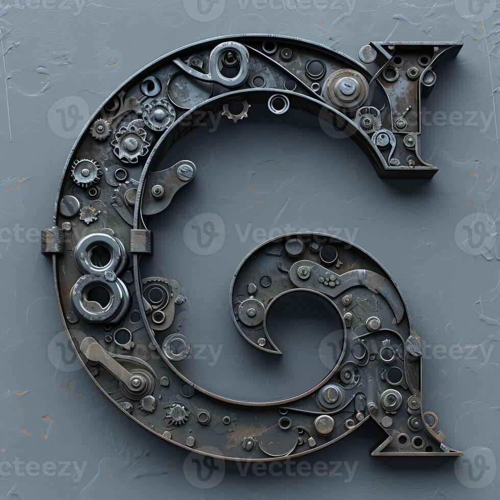 Steampunk style letter G composed of mechanical parts photo