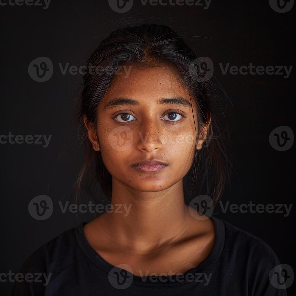 Portrait of a young woman with a thoughtful expression against a dark background photo