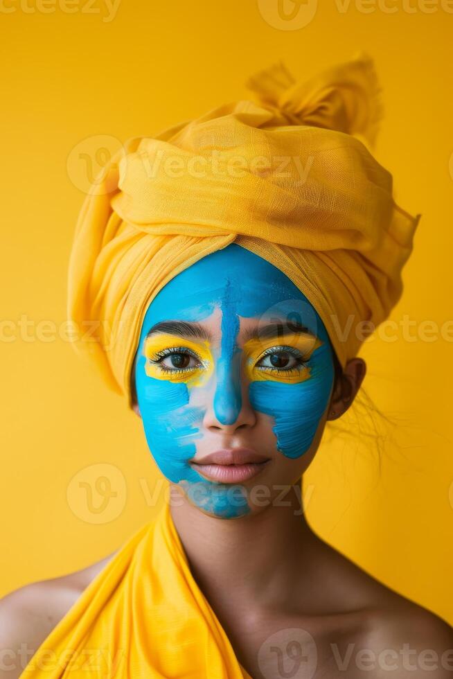 Portrait of a young woman with colorful face paint and yellow headscarf photo