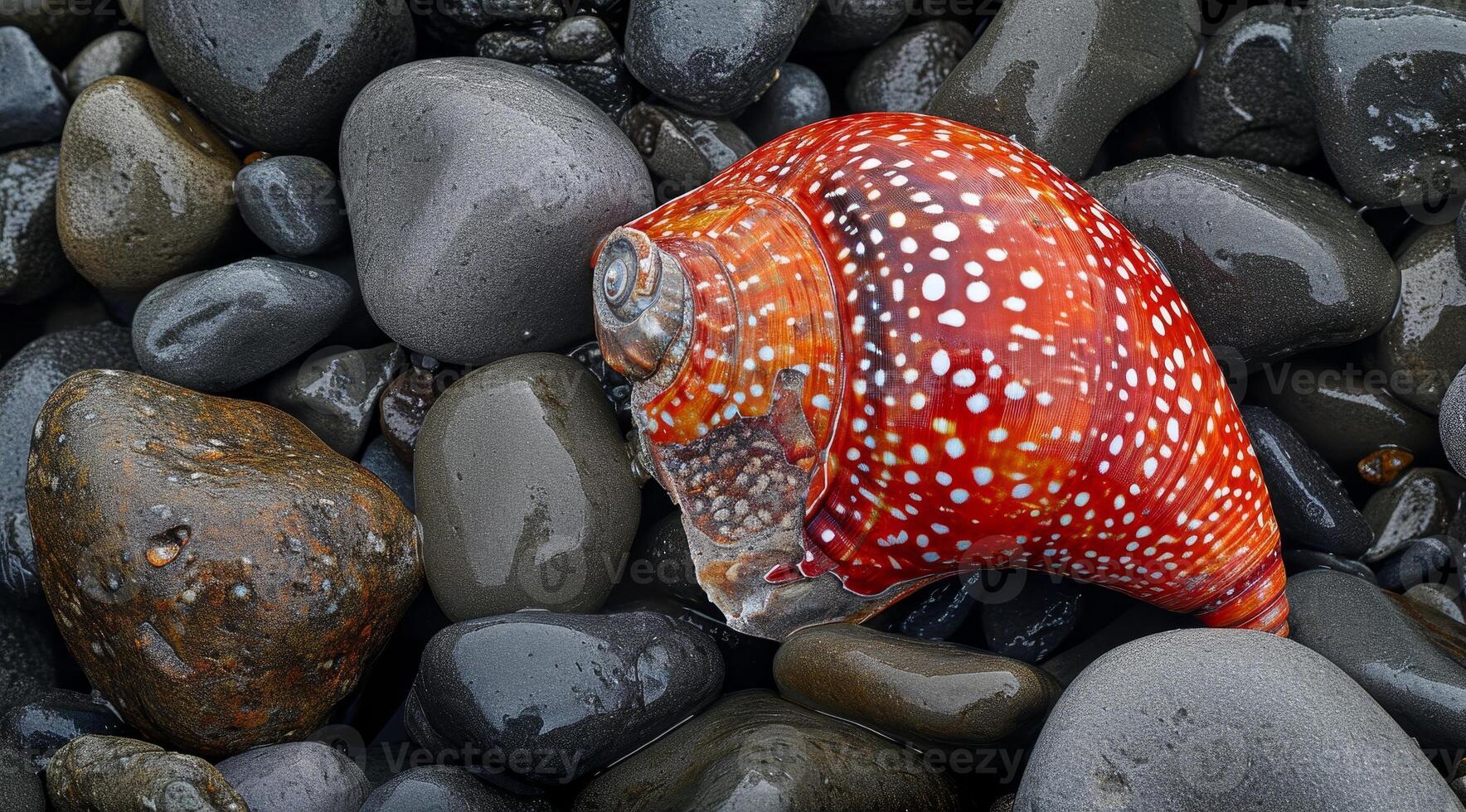 Colorful seashell on a bed of smooth pebbles photo